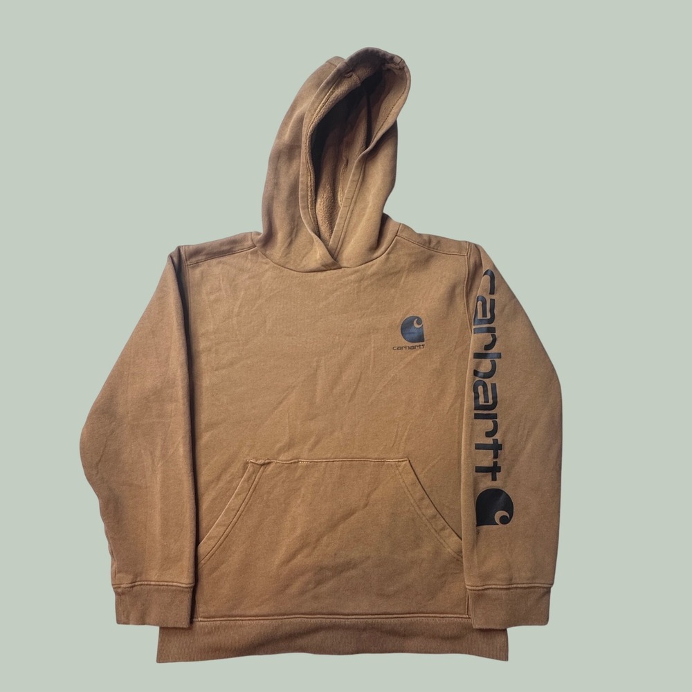 Carhartt Hoodie Boys L 14-16 TS6272-B Brown Sleeve Graphic Logo Pullover